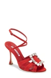 Manolo Blahnik Ticuna Silk Crystal Buckle Sandals In Red