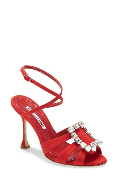 Manolo Blahnik Ticuna Silk Crystal Buckle Sandals In Red