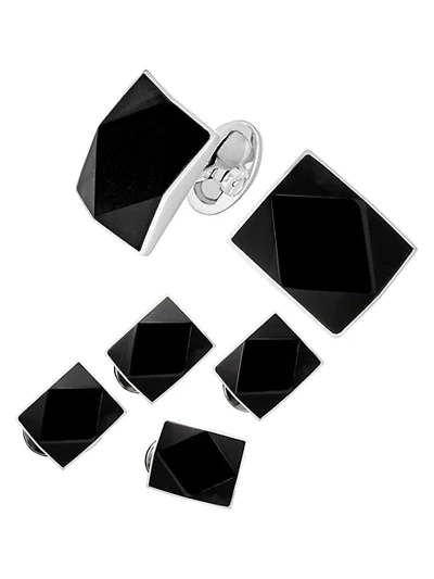 Jan Leslie 6-piece Sterling Silver Diamond Cut Onyx Rectangle Cufflinks & Stud Set
