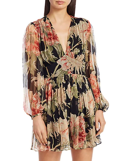 Zimmermann Eye Spy Floral Puff-sleeve Mini A-line Dress In Black Peony