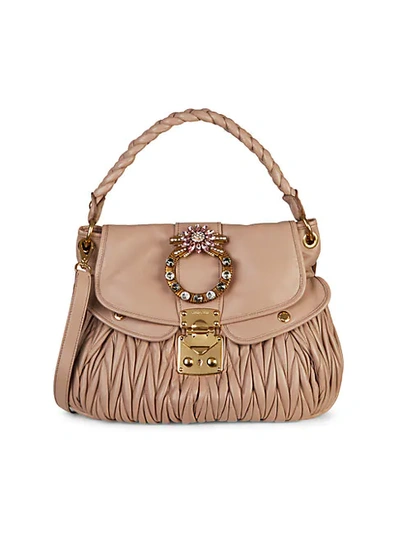 Miu Miu Embellished Matelass&eacute; Leather Hobo Bag In Pink
