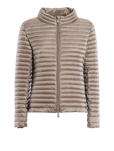 Save The Duck Long Fit Down Jacket In Taupe Color With Logo Patch In Grey