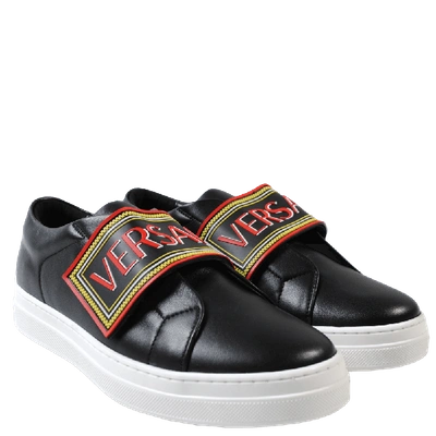 Versace Kids' Logo Strap Leather Sneakers In Black