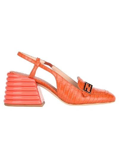 Fendi Promenade Croc-effect Slingback Leather Pumps In Rust