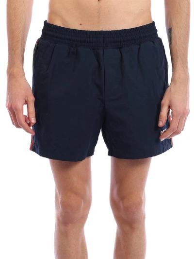 Gucci Waterproof Nylon Swim Shorts With Web In Blue