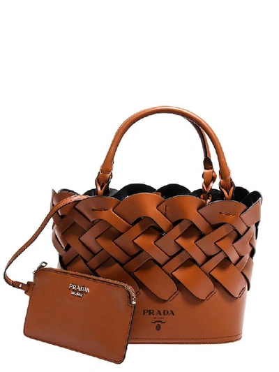 Prada Medium Woven Leather Tote In Light Brown