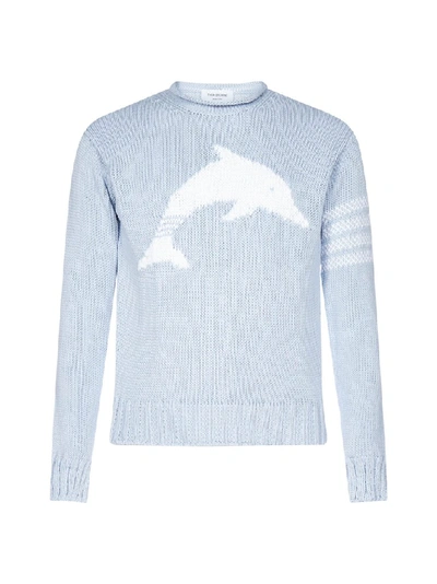 Thom Browne Dolphin Cotton Intarsia Knit Sweater In Light Blue