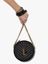 Saint Laurent Vinyle Ysl Round Quilted Grain De Poudre Crossbody Bag In Black