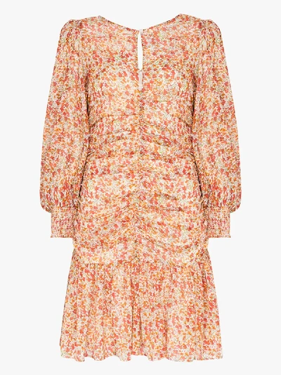 Bytimo Ruched Floral Print Mini Dress In Orange