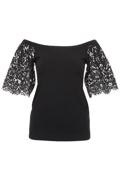 Valentino Knit Top With Lace Sleeves In Black