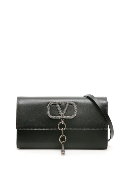 Valentino Garavani 'vcase' Swarovski Crystal Chain Small Leather Shoulder Bag In Nero