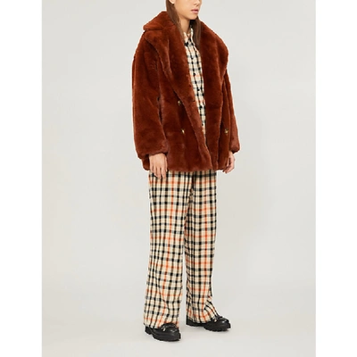 Topshop Ally Double-breasted Faux-fur Coat In Tobacco