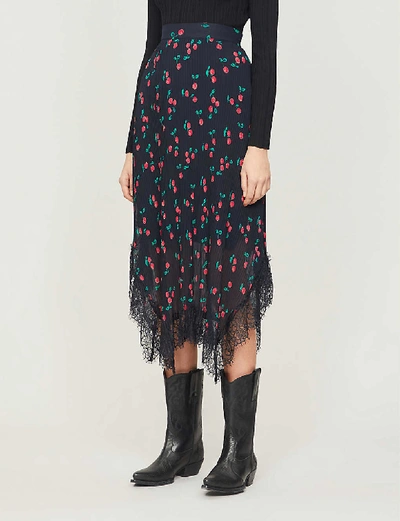 The Kooples Midi Long Pleated Skirt With Print And Lace In Navy