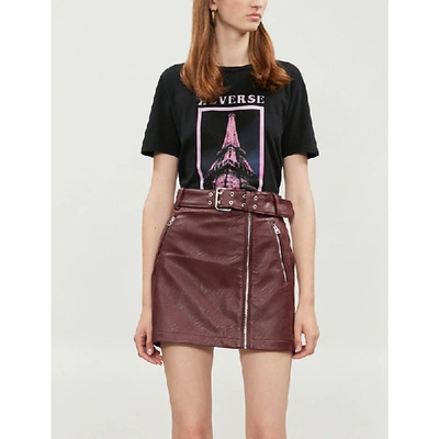 Topshop Asymmetric Zip-front Faux-leather Mini Skirt In Burgundy