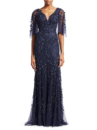 Theia Women's Flutter Sleeve Floral Appliqué Gown In Midnight