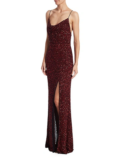 Alice And Olivia Diana Embellished Cowl-neck High-slit Gown In Bordeaux