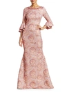 THEIA METALLIC FLORAL JACQUARD BELL-SLEEVE TRUMPET GOWN,0400012424217