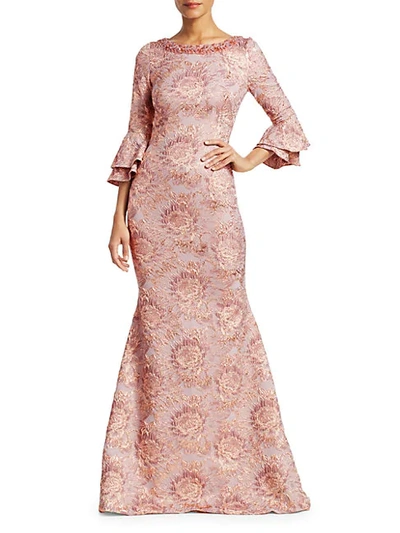 Theia Beaded Bateau-neck Tiered Bell-sleeve Tissue Cloque Trumpet Gown In Antique Rose