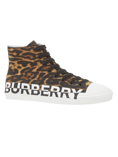 Burberry Logo And Leopard Print High-top Sneakers In Brown