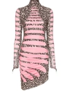 Maisie Wilen Ruched Printed Stretch-jersey Turtleneck Mini Dress In Pink