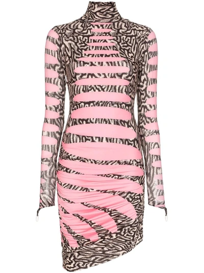 Maisie Wilen Ruched Printed Stretch-jersey Turtleneck Mini Dress In Pink