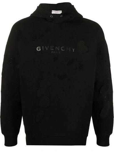 Givenchy Logo Print Distressed Cotton Hoodie In Black