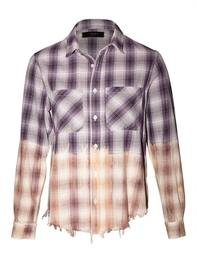 Amiri Long Sleeve Raw Edge Checked Shirt In Purple