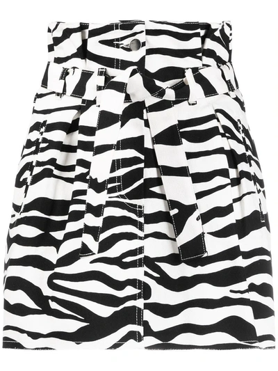 Attico Belted Frayed Zebra-print Denim Mini Skirt In White