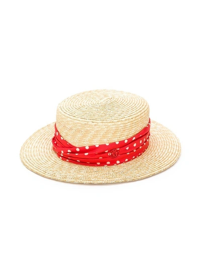 Maison Michel Red Kiki Canotier Polka Dot Straw Hat In Multicolor