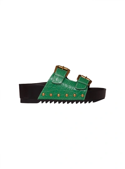 Kurt Geiger Green Croco Embossed Flatform Slide Sandals