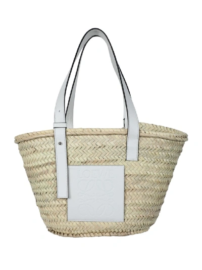 Loewe White Leather Raffia Basket Bag In Neutrals