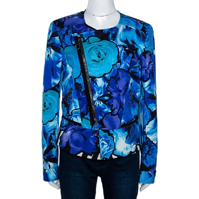 Pre-owned Roberto Cavalli Blue Floral Printed Cotton Peplum Detail Jacket L