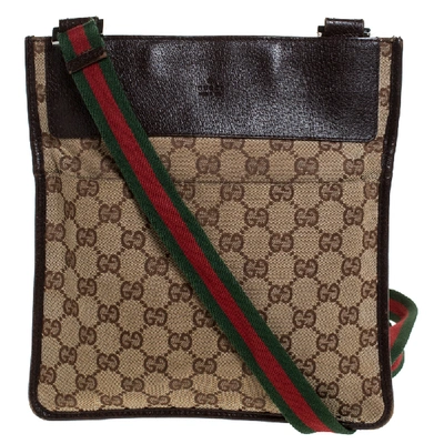 Pre-owned Gucci Brown Gg Canvas And Leather Web Messenger Bag