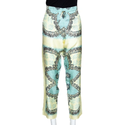 Pre-owned Valentino Turquoise And Yellow Printed Silk Pajama Pants L