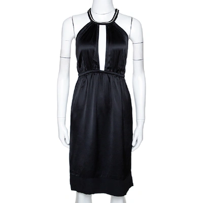 Pre-owned Stella Mccartney Black Satin Embellished Halter Neck Dress S