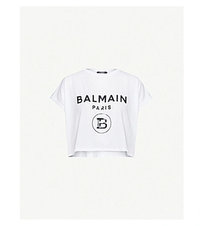 Balmain Logo-print Cropped Cotton-jersey T-shirt In White Black