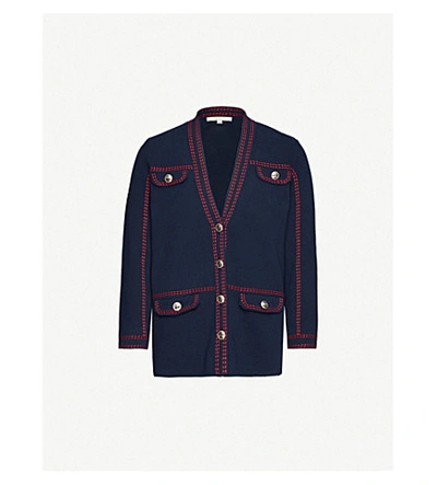 Maje Contrast-stitching Cotton Cardigan In Navy