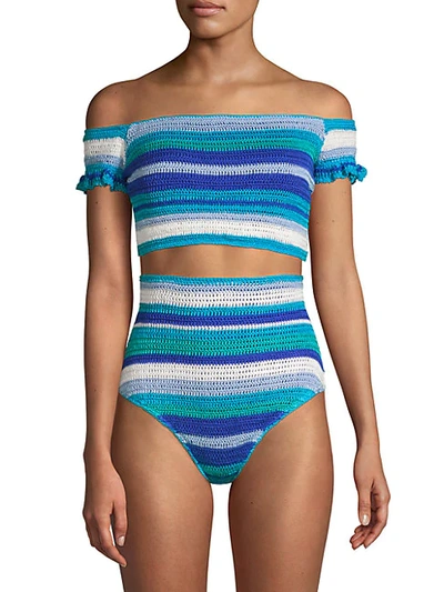 All Things Mochi Jamie Crochet Stripe Off-the-shoulder Bikini Top In Blue