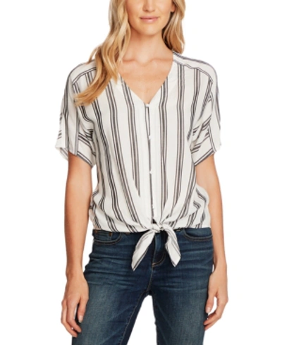 Vince Camuto Stripe Tie Front Short Sleeve Top In Rich Black