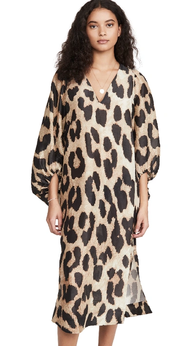 Ganni Printed Linen And Silk Dress In Leopard