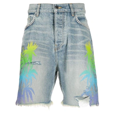 Amiri Printed &amp; Embroidered Denim Shorts With Distressed Effect In Blue
