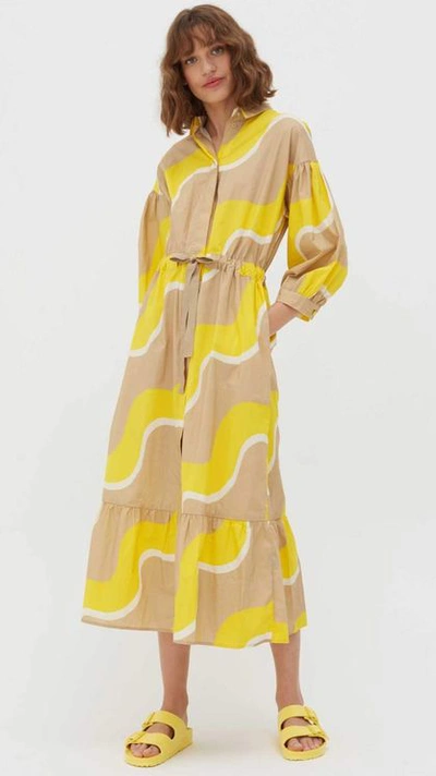 Chinti & Parker Wave-print Drawstring-waist Shirt Dress In Neutrals