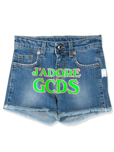 Gcds Kids' Blue Cotton Blend Denim Shorts In Jeans