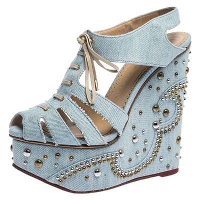 Pre-owned Charlotte Olympia Blue Denim Studded Cut Out Wedge Platform Sandals Size 37