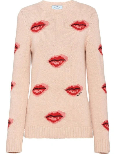Prada Lip Printed Sweater In Beige