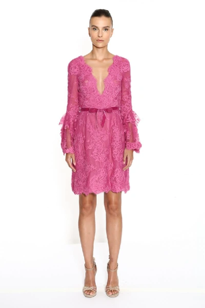 Marchesa Long Sleeve Corded Lace Cocktail