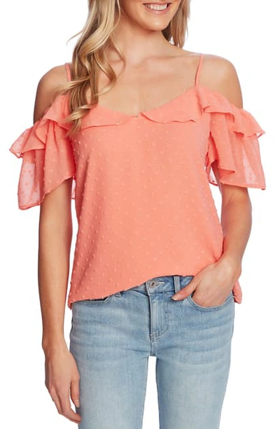Cece Cold Shoulder Clip Dot Blouse In Hot Lava