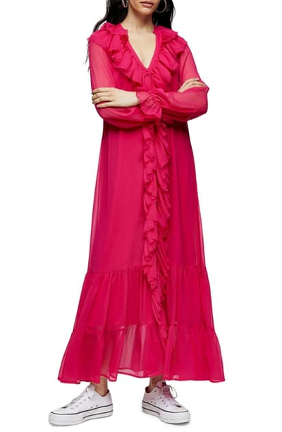 Topshop Frill Chiffon Long Sleeve Maxi Dress In Pink