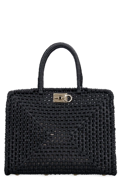 Ferragamo Studio Raffia Tote Bag In Black