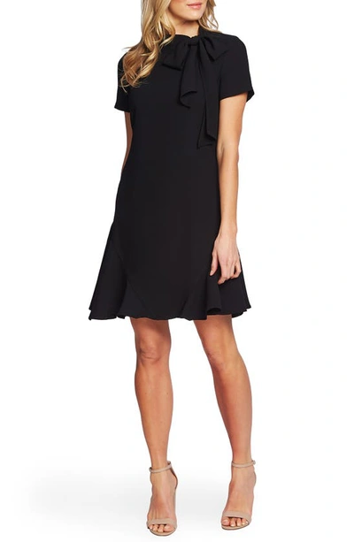 Cece Bow Neck Short Sleeve Dress In Rich Black